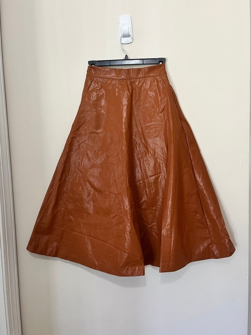 A-line Vegan Faux Leather Midi Skirt With Pockets in Cognac Brown